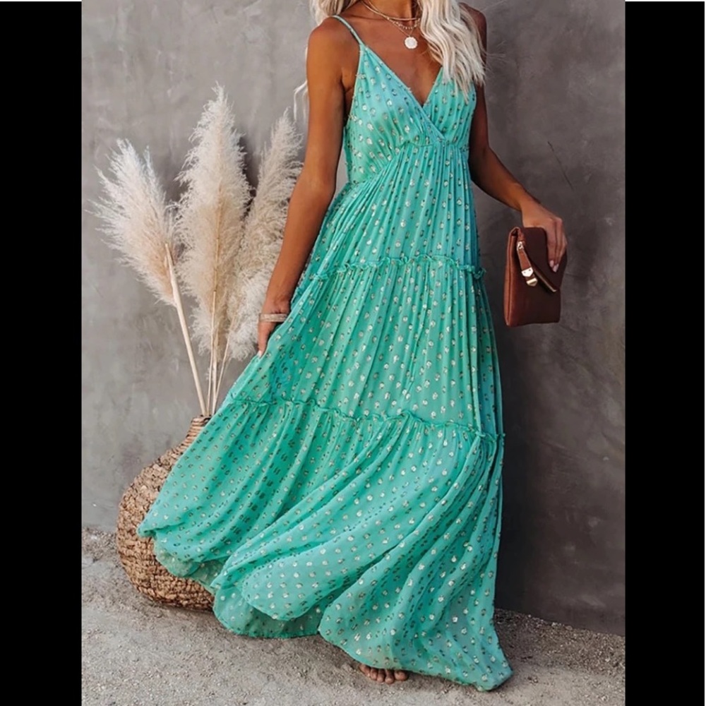 Garden Floral Boho Maxi Dress, Boho Summer Green Stappy Sundress, All Over Print - Picture 7 of 7
